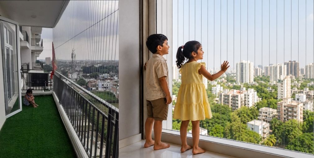 Invisible grills for children's safety on balcony